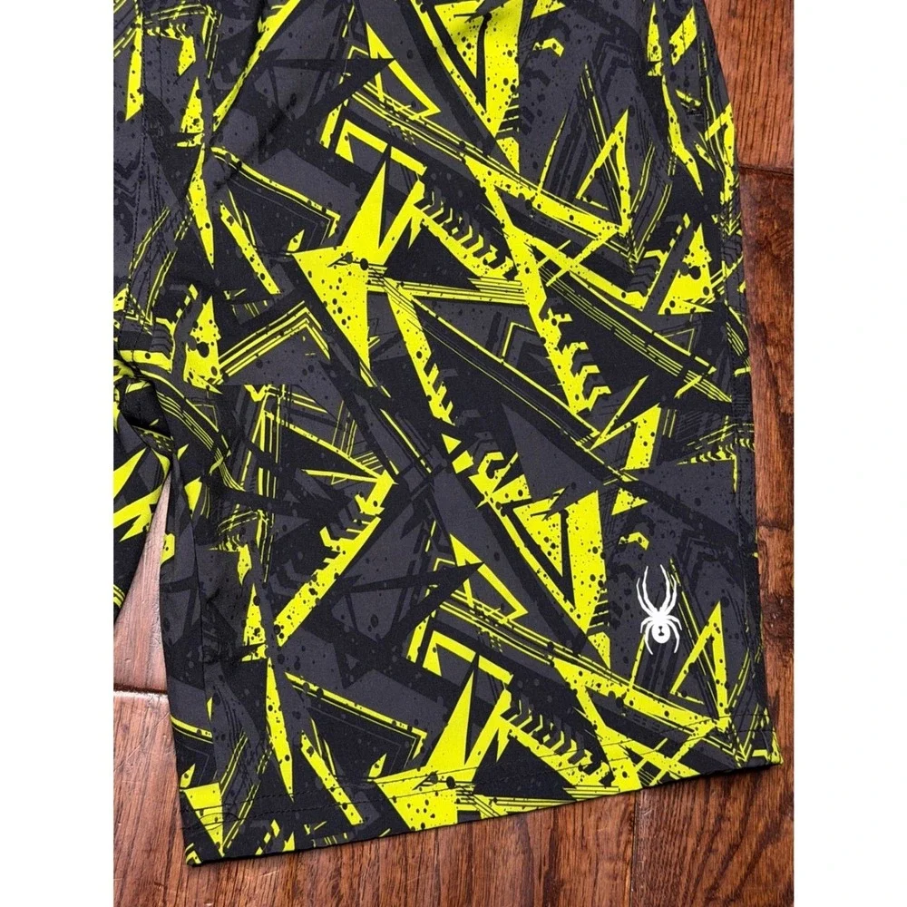 Spyder Boys Neon Yellow Grey Geometric Board Shorts‎ Swim Trunks Size L 14/16